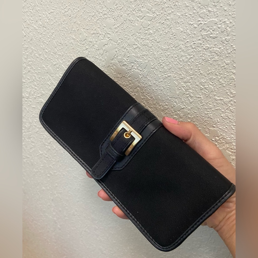 NWOT, Talbots Classic Black Canvas Wallet with Leather Trim & Gold Buckle
